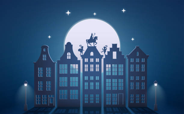 obchody holenderskich świąt - święty mikołaj lub sinterklaas przyjeżdża do miasta w nocy - papierowa grafika artystyczna - dutch culture illustrations stock illustrations