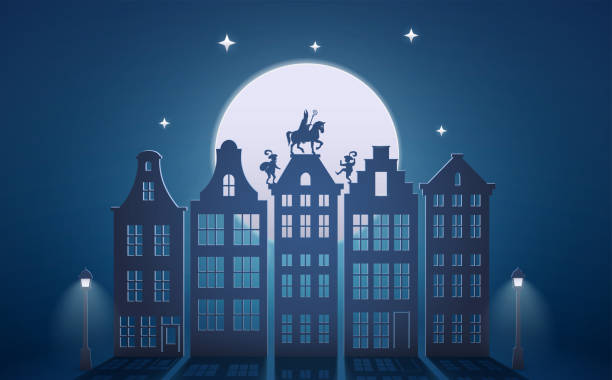 istock Celebration Dutch holidays - Saint Nicholas or Sinterklaas is coming to town at night - paper art graphic 1428817855