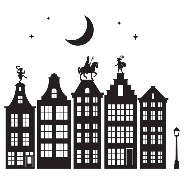 illustrazioni stock, clip art, cartoni animati e icone di tendenza di celebrazione feste olandesi - san nicola o sinterklaas sta arrivando in città di notte - silhouette - amsterdam