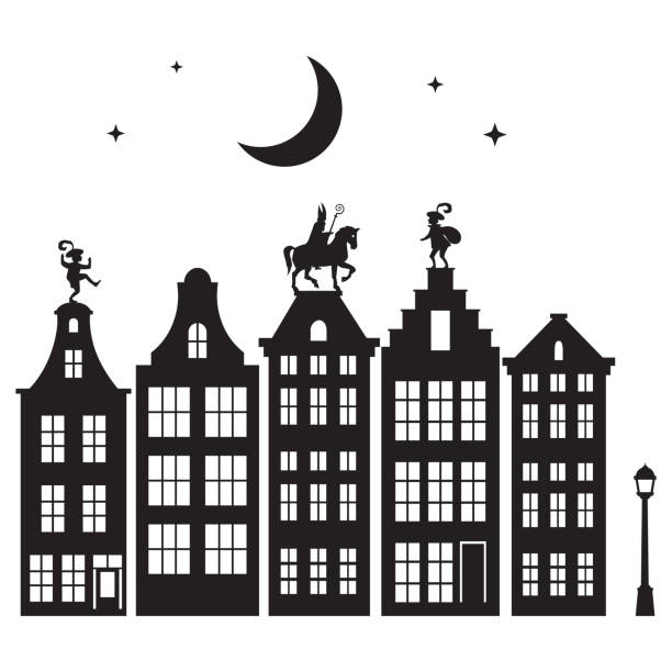 Celebration Dutch holidays - Saint Nicholas or Sinterklaas is coming to town at night - silhouette Celebration Dutch holidays - Saint Nicholas or Sinterklaas is coming to town at night - silhouette sinterklaas nederland stock illustrations