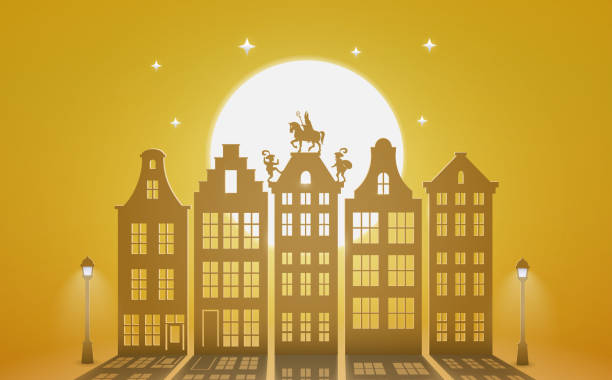 stockillustraties, clipart, cartoons en iconen met celebration dutch holidays - saint nicholas or sinterklaas is coming to town at night - paper art graphic - sinterklaas nederland