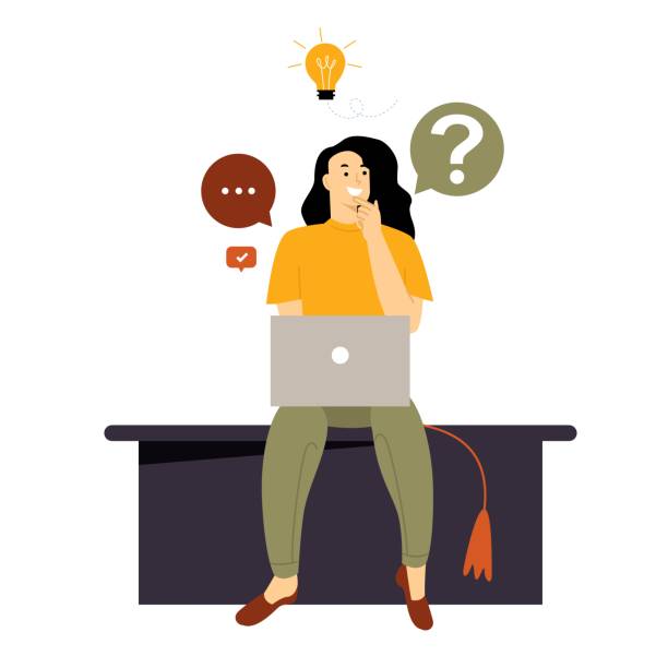 Female student searching for learning courses and universities. Questions about future career. Choose the right occupation concept. Student looking for scholarship. Flat vector illustration Female student searching for learning courses and universities. Questions about future career. Choose the right occupation concept. Student looking for scholarship. Flat vector illustration college student thinking stock illustrations