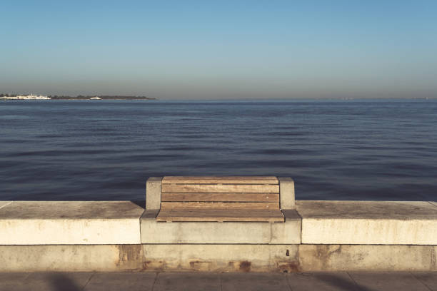 Empty wooden bench near the waters edge morning sunlight