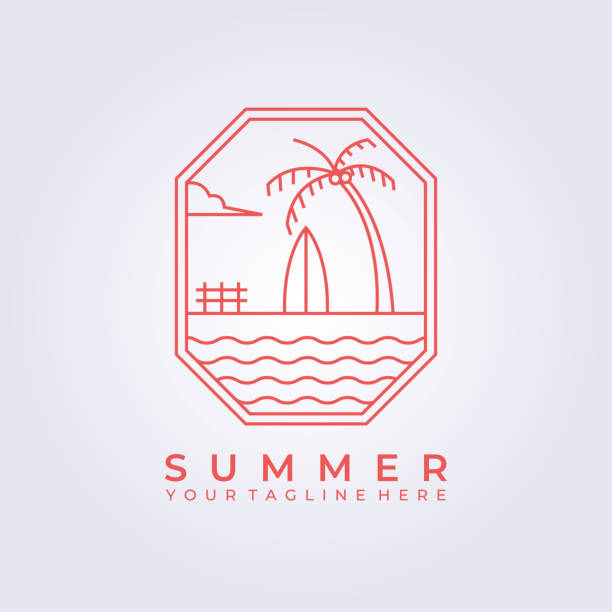 ilustrações de stock, clip art, desenhos animados e ícones de ocean surf beach hawaii logo vector icon line art simple illustration design frame logo badge emblem - surfboard fin
