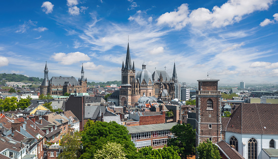 Aachen skyline. North Rhine-Westphalia, Germany. Aerial view of Old Town landmarks