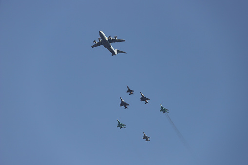 Istanbul, Turkey - September 20, 2021: Turkish Air Force airplanes passing over Istanbul City