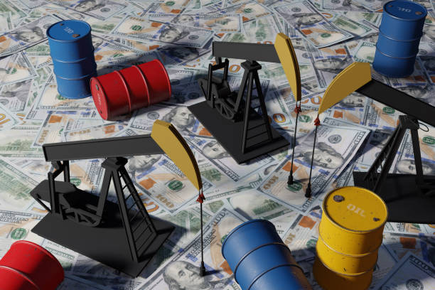 유정과 다채로운 오일 배럴은 us $ 100 달러 지폐에 있습니다. 석유 생산, 잔인한 석유 거래 및 석유 가격 급등으로 돈을 버는 개념의 삽화 - opec 뉴스 사진 이미지
