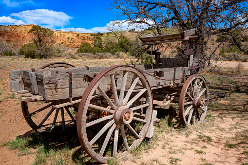 Abiquiu, New Mexico, USA - May 01, 2022:     Vintage Horse Cart on Ghost Ranch, New Mexico.