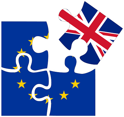 EU - UK : puzzle shapes with flags, symbol of agreement or friendship