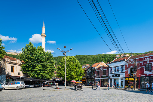 Prizren, Kosovo - June 2022: Prizren city center view  with shops and restaurants.  Prizren is a popular touristic city in Kosovo