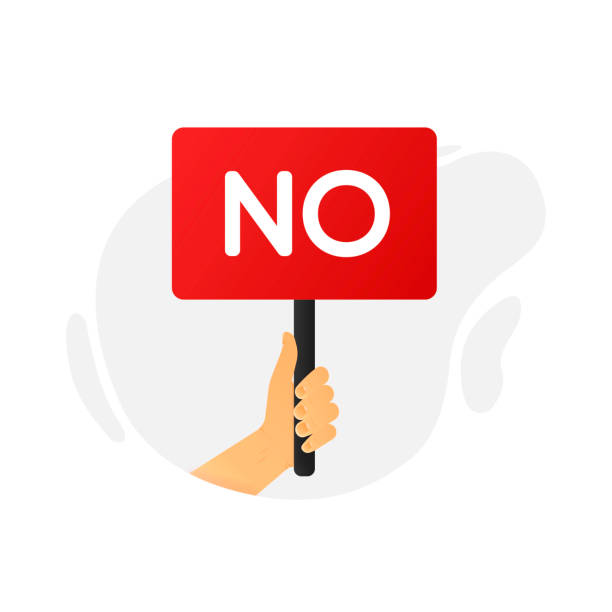 istock Red lettering No. The hand holds a flag, a sign with an inscription. Vector illustration. 1428838975
