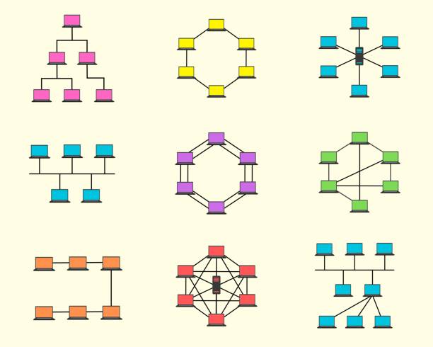 Vector illustration collection of internet connection network topology, bus, ring, star, linear, mes, tree, dual ring, hybrid, fully connected topology Vector illustration collection of internet connection network topology, bus, ring, star, linear, mes, tree, dual ring, hybrid, fully connected topology topology stock illustrations