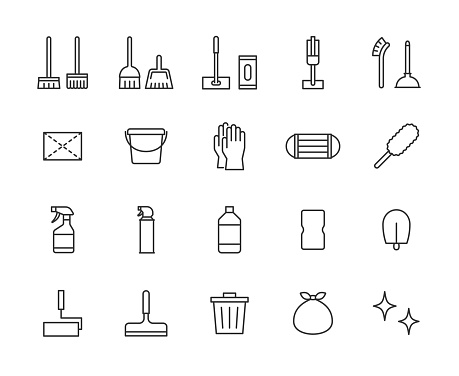 Line drawing icon set of cleaning tools.