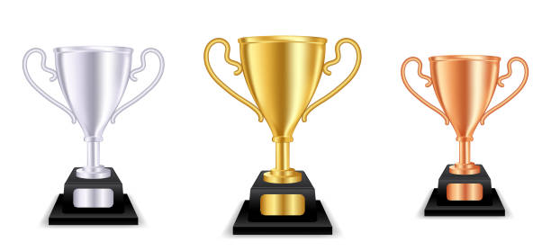 ilustrações de stock, clip art, desenhos animados e ícones de set of realistic golden trophy cup champion. eps vector - congratulating achievement third place award