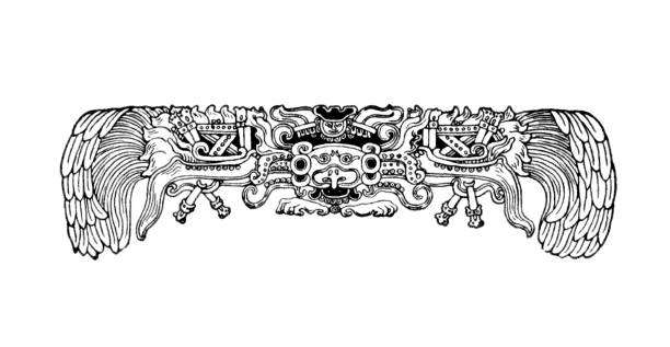 Aztec design taken from upper wood-carved altar panel in the Temple of the Sun at Tikal, Mexico. Illustration published in 1898. Source: Original edition is from my own archives. Copyright has expired and is in Public Domain.