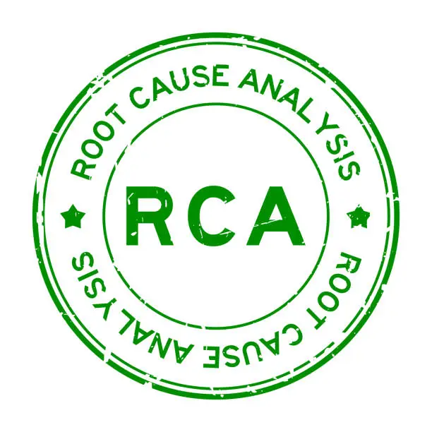 Vector illustration of Grunge green RCA root cause analysis word round rubber seal stamp on white background