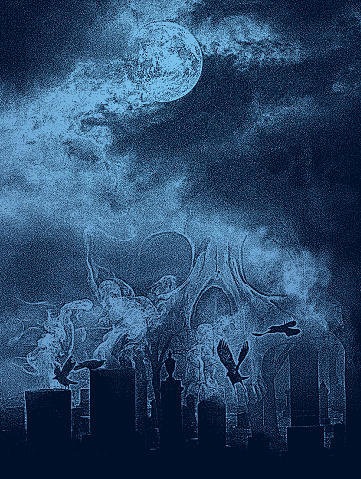 Spooky cemetery at night with skull and ravens