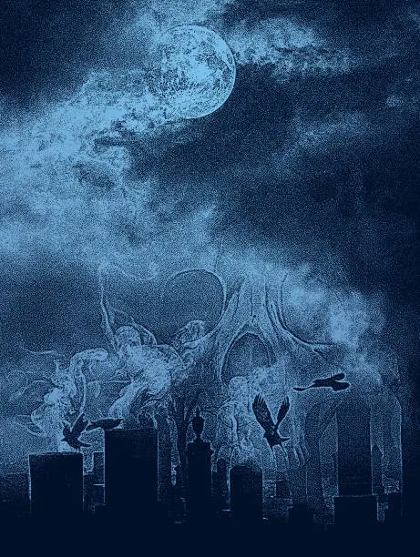 Vector illustration of Spooky cemetery at night with skull and ravens