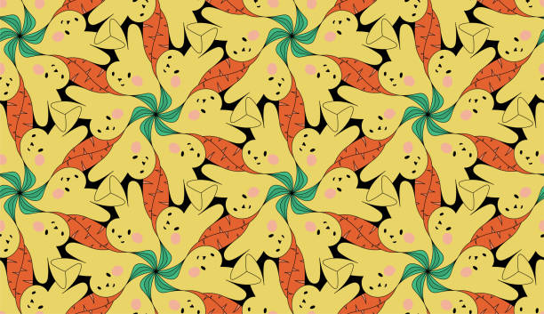 ilustrações de stock, clip art, desenhos animados e ícones de seamless pattern with bunny and carrot drawn in escher style - color image colored background easter animal body part