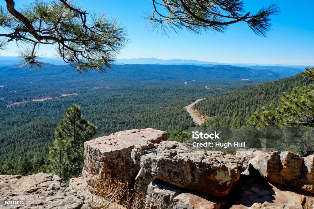 Mogollon Rim viewpoint of forest below Mogollon Rim viewpoint of forest and road below, Arizona Arizona Stock Photo