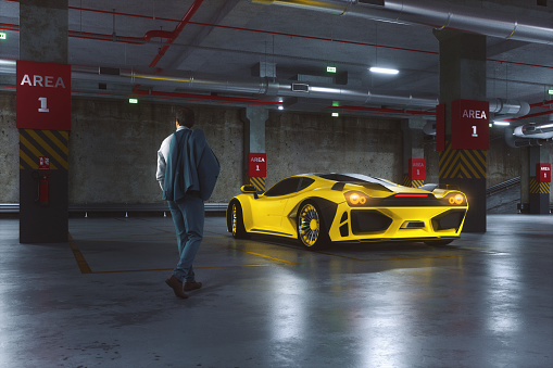 Businessman walking towards sports car in underground garage. Vehicle is entirely generic and not based on any real or concept model/brand/type. This is 3D generated image.
