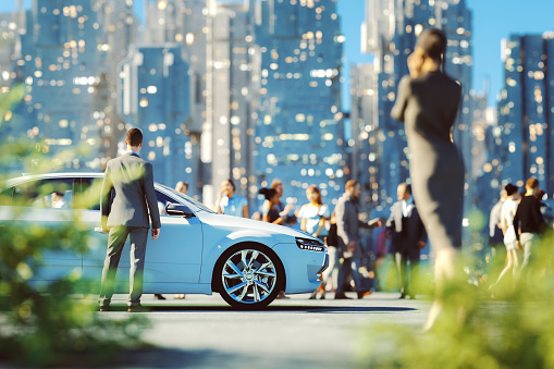 Street scene with man waiting at his car. Vehicle is generic, not based on any real model/brand/product. This is entirely 3D generated image.