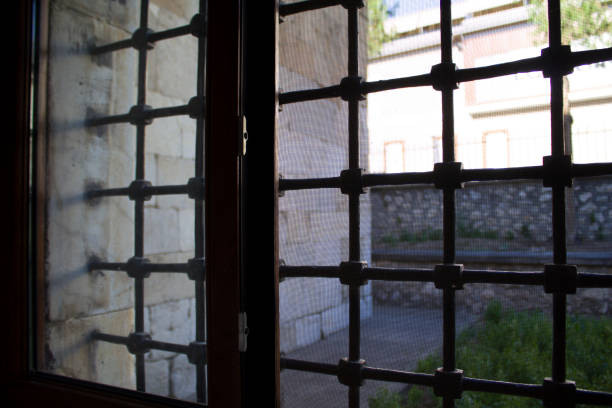 istock Old window with iron railing in front of the garden 1428879878