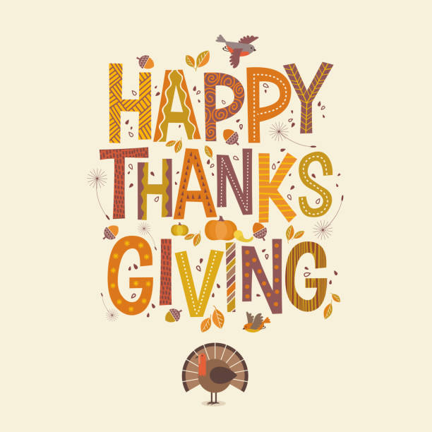 illustrations, cliparts, dessins animés et icônes de lettrage décoratif happy thanksgiving avec des éléments de design saisonniers et de la dinde. - thanksgiving