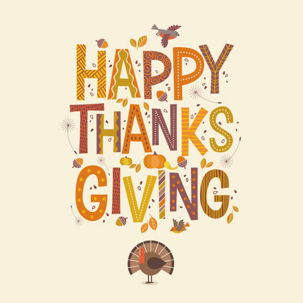 decorative lettering happy thanksgiving with seasonal design elements and turkey. - thanksgiving stock illustrations