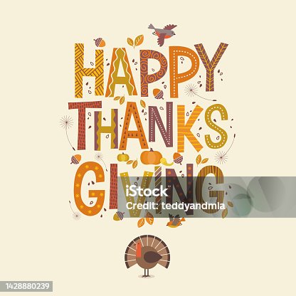 istock Decorative lettering Happy Thanksgiving with seasonal design elements and turkey. 1428880239