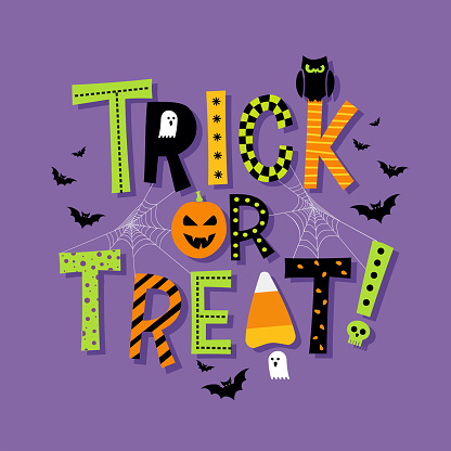 Decorative Halloween trick or treat typography with illustrated halloween elements. For banners, cards, posters, social media and invitations. Vector illustration.