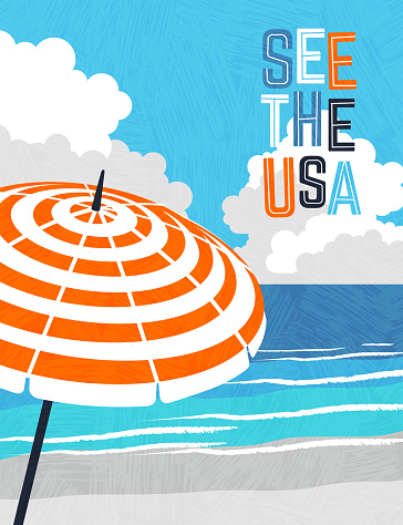 Retro style travel poster design for the United States. Beach with striped umbrella and ocean waves. Limited colors, no gradients, texture overlay. Vector illustration.