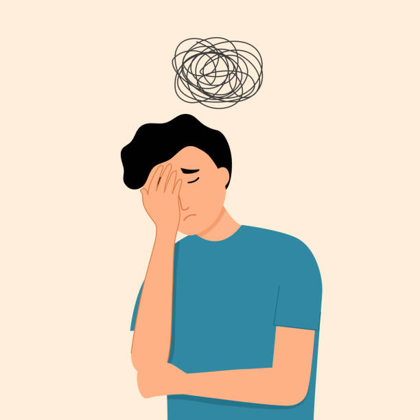 Overthinking concept vector illustration. Stressed man with headache symptom. Guy feel tired and fatigue. vector art illustration