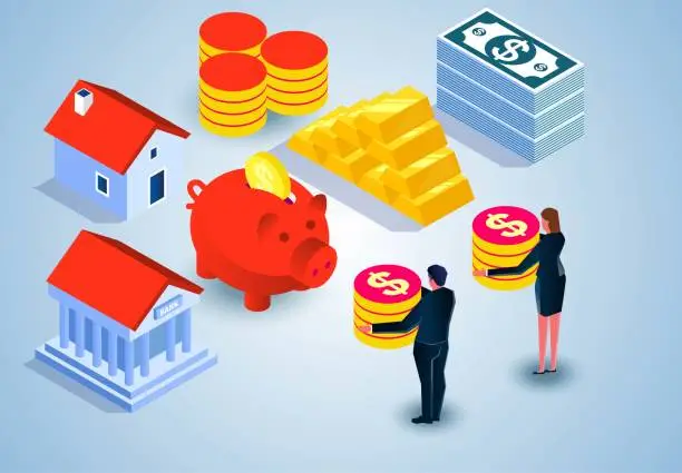 Vector illustration of Market investment project analysis evaluation and selection, financial industry, metal, currency, banking investment, isometric two businessmen holding gold coins to choose investment project