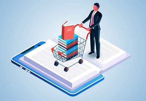Online library, online subscription and purchase of e-books, online education and modern reading, isometric businessman pushing shopping cart to buy books on smartphone