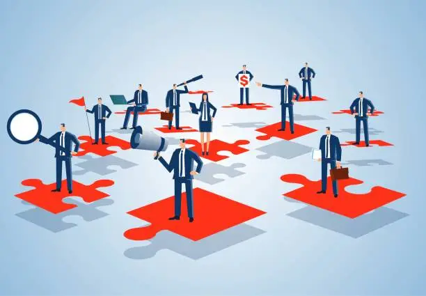 Vector illustration of Startup or business team puzzle, looking for cooperation and opportunities, businessmen or employees standing on puzzle pieces in all directions, concept of team connection puzzle and success