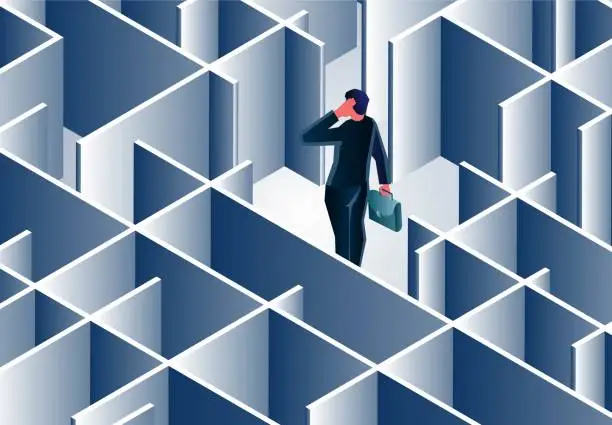 Vector illustration of Isometric businessman stuck in a dead end or maze, frustration and dilemma