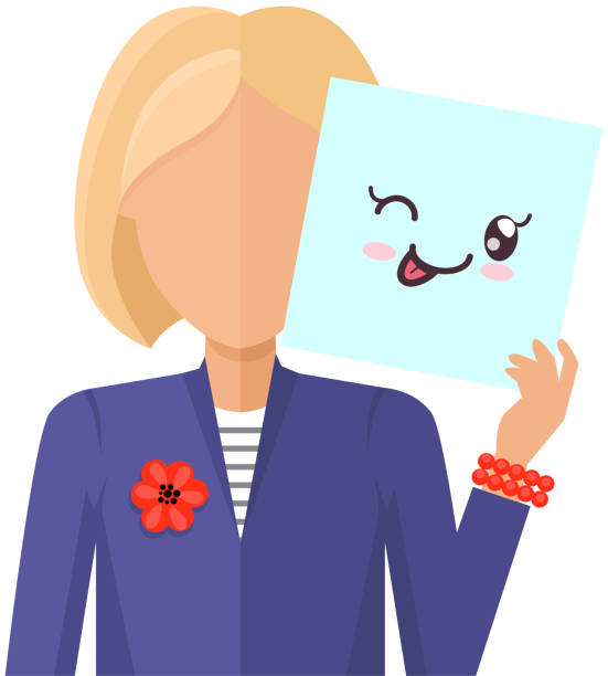 ilustrações de stock, clip art, desenhos animados e ícones de woman holding picture of cute kawaii face with winking eye. lady shows positive emotion of happiness - human face manga style emoticon smiley face