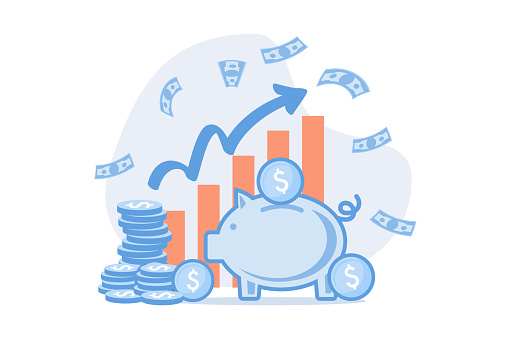 piggy bank in the form of a piglet on a white background, financial services, small bankers are engaged in work, saving or accumulating money, a coin box with falling vector flat illustration