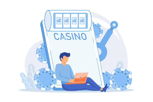 illustrazioni stock, clip art, cartoni animati e icone di tendenza di slot machine slot machine online, gioco da casinò, vincitore di grandi soldi, vincita del jackpot, dipendenza dal gioco d'azzardo, scaricare l'applicazione, esperienza di gioco design piatto illustrazione moderna - 2232