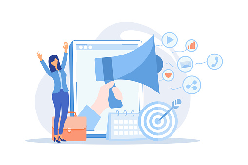 Marketing campaign Business strategy, digital product advertising, target audience in social media, brand communication, company website flat design modern illustration