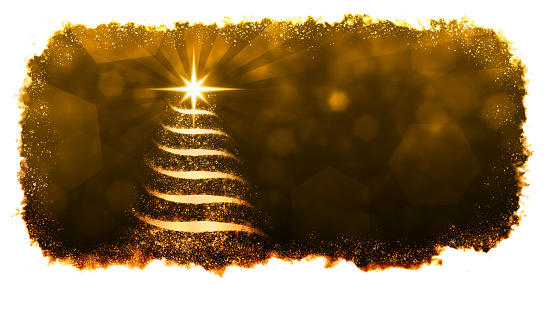 Horizontal illustration of a creative sparkling golden brown backgrounds with one decorated Xmas tree with curved stripes and a star. Soft and sparkling romantic backdrop suitable to use celebratory wallpaper, gift wrapping paper sheets, posters, banners and greeting cards related Christmas, New Year Day, festive season.