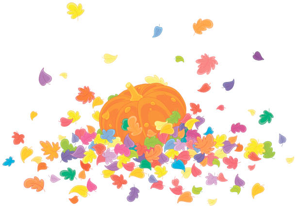 illustrazioni stock, clip art, cartoni animati e icone di tendenza di zucca in un mucchio di foglie autunnali - leaf autumn falling tree