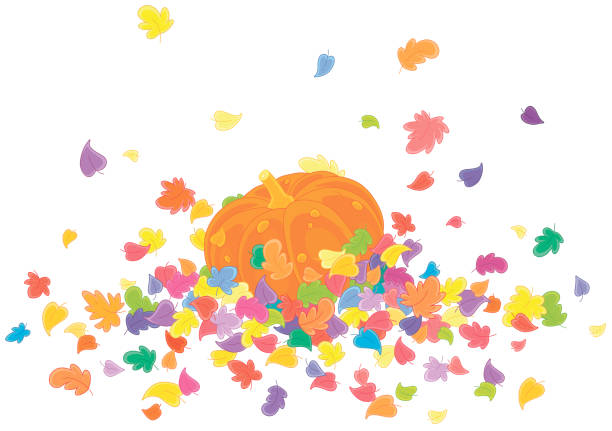 가을 잎 더미에있는 호박 - falling tree leaf autumn stock illustrations