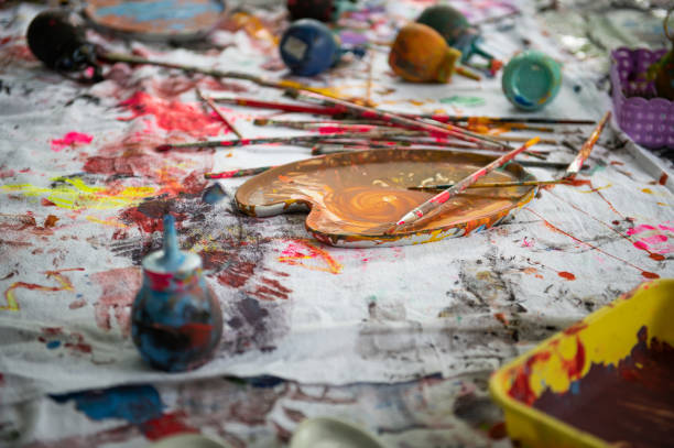 istock Paintbrush and art painter artist tools, watercolor on a palette 1428910665