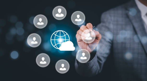 istock Businessman with line connect to data information on the cloud icon with people and computing network, Backup Storage Data Internet, networking and digital, Share global, and technology, concept. 1428910734