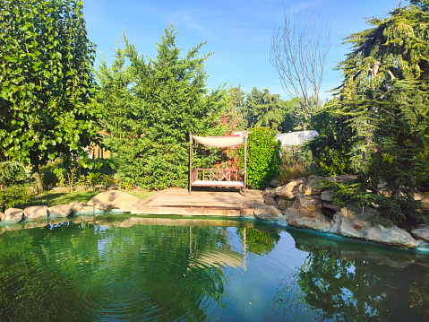 Japanese Garden at Roger Williams Park, Providence, Rhode Island, a footbridge over the pond, red maple and manicured evergreen trees on the island