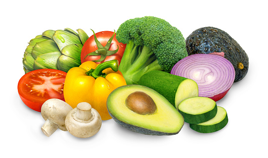 An illustration of a grouping of vegetables: onion, mushrooms, tomato, artichoke, zucchini, bell pepper and broccoli.