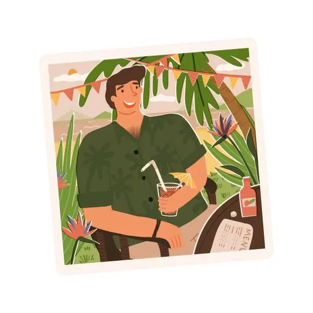 Vector illustration of The retro photoshoot of the guy on vacation relaxing in an exotic country, enjoying a refreshing drink in the beach cafe. Travelling, downshifting, paradise life, slow life on a tropical island concept.