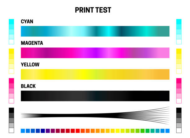 ilustrações, clipart, desenhos animados e ícones de teste de impressão ilustração de calibração cmyk com teste de cor para ciano, magenta, amarelo, preto e muitas cores - cini